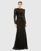 Black Embellished High Neck Long Sleeve Gown